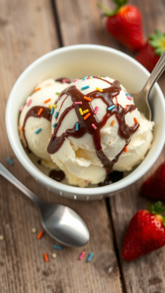 A bowl of vanilla ice cream topped with chocolate sauce and sprinkles on a wooden table.